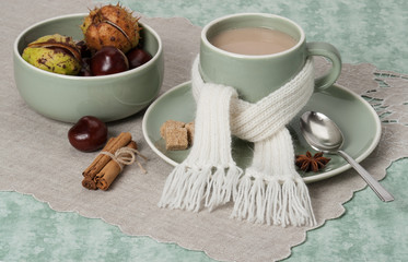 Fototapeta na wymiar Autumn Concept. Cup Of Hot Coffee, Cocoa or Tea With Milk And Sp