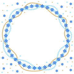 Christmas round greeting frame of gold beads and blue snowflakes