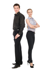 Business man and woman isolated on white background.