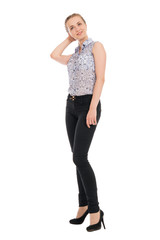 Beautiful business woman in full length looking up