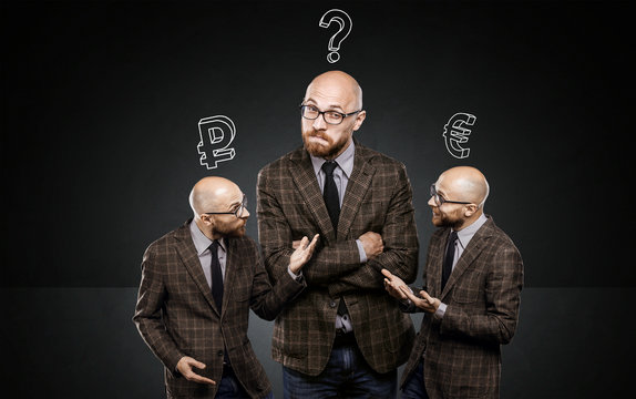 three identical men argue among themselves about