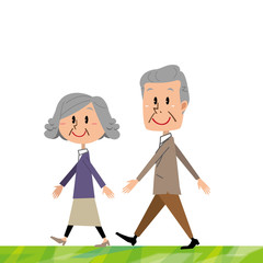 シニア　夫婦　歩く　白バック