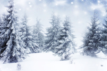 Naklejka premium Christmas background with snowy fir trees