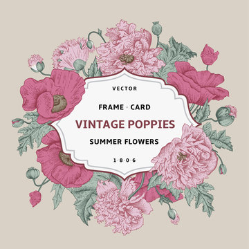 Vintage Floral Frame With Pink Poppies