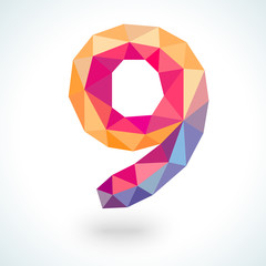 Number nine in modern polygonal crystal style. Vector