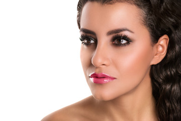 Beautiful caucasian woman with makeup, pink lips,  looking, isol