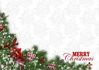 Fototapeta na wymiar Christmas card with firtree, holly&mittens