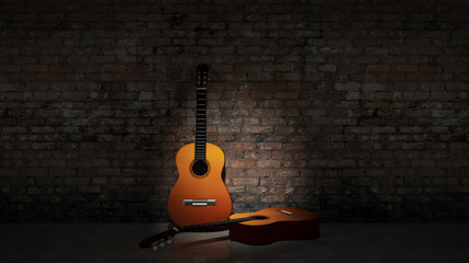 Acoustic guitar leaning on grungy wall