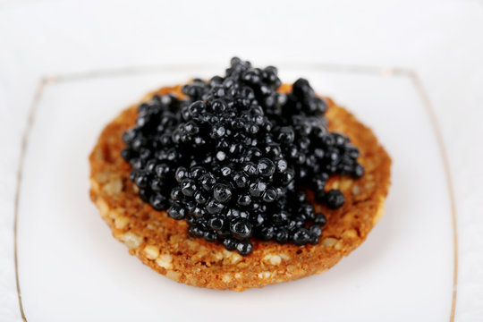 Black caviar on crispy bread on plate