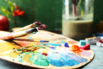 Beautiful still life with professional art materials, close up