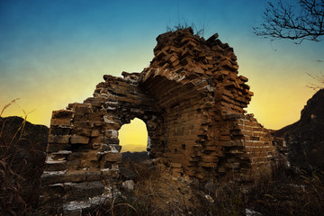 ruined great wall in the dusk