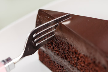 Chocolate cake on white dish