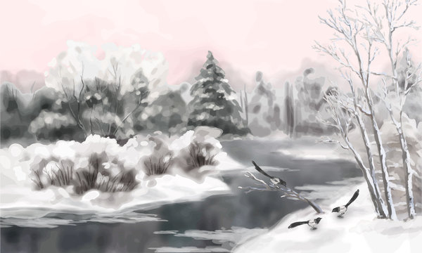 Winter Vector Watercolor Landscape