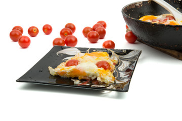 eggs with cherry tomatoes in a pan