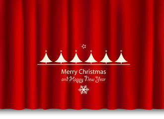 christmas and new year greeting on a red shiny curtain