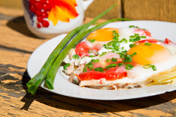 eggs, green onions and tomatoes on an old wooden table