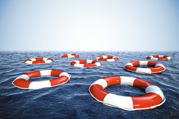 3d life buoyS and blue ocean with blue sky background