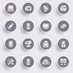 Electronics icons with white buttons on gray background.