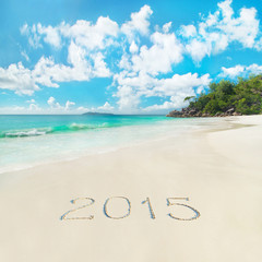 Fototapeta na wymiar New Year 2015 season concept on azure tropical sandy palm ocean