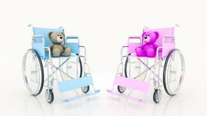 child handicap concept: brown teddy bear in wheelchair