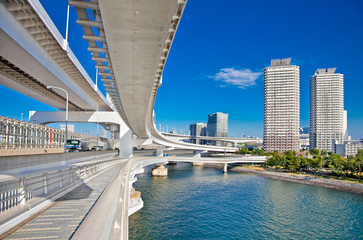 Rainbow Bridge and Sumida River in Tokyo, Japan.