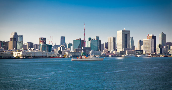Panoramic view on Tokyo from Sumida River, Japan.
