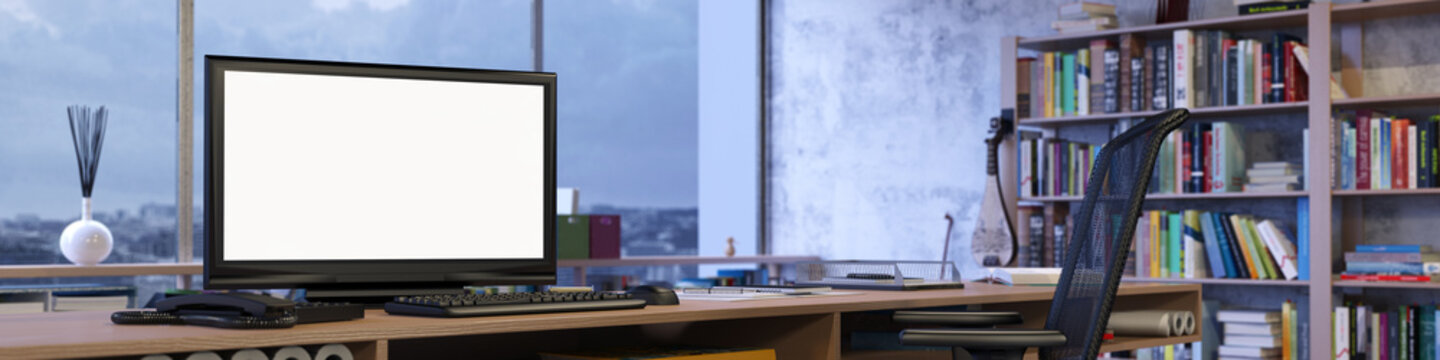 Panorama vom Büro mit leerem Monitor