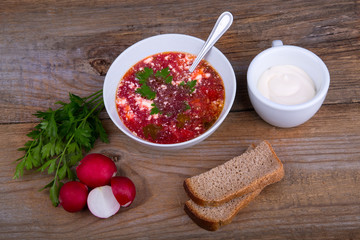 white Bowl of soup - borsch with parsley, radish and bread