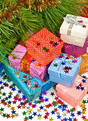 Fototapeta na wymiar many colorful gift boxes closeup