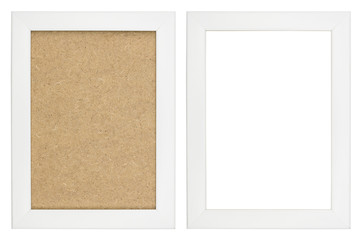 wooden white picture frame with and without fiberboard backgroun