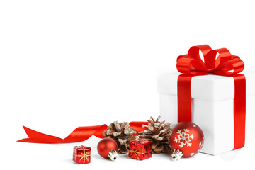 christmas gift with red balls bow