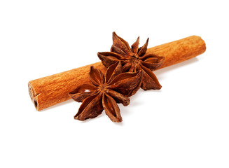 Cinnamon stick and stars anise isolated on a white background