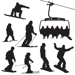 Ski snowboarding people and kids vector illustration set