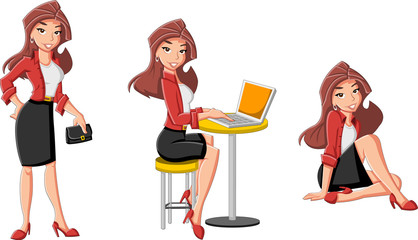 Beautiful cartoon business woman with computer