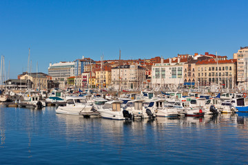 Fototapeta na wymiar View on Old Port of Gijon and Yachts, Asturias, Northern Spain