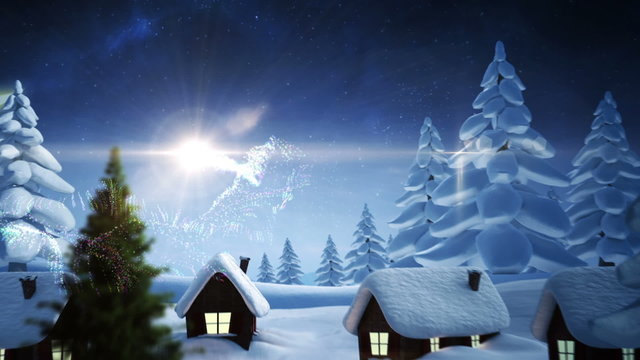 Magic light swirling around christmas tree with greeting