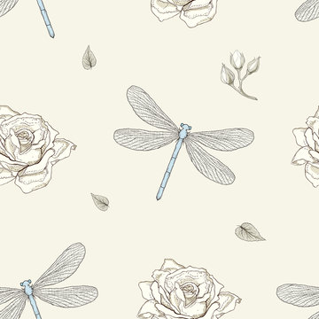 dragonfly and rose seamless pattern