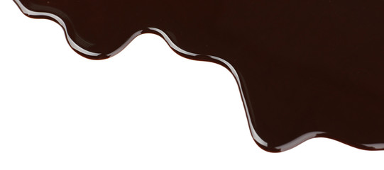 Melted chocolate dripping on white background