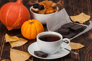 Autumn Concept. Cup Of Tea Or Coffee. Dried Fruits. Pumpkins. Da