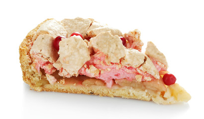 Piece of tasty pie with apples and berry mousse, isolated