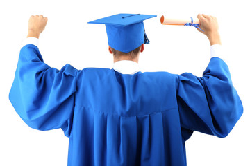 Man graduate student wearing graduation hat and gown, isolated