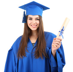 Woman graduate student wearing graduation hat and gown,