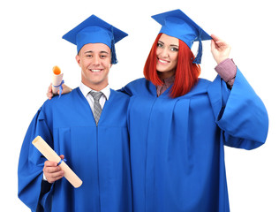 Graduate students wearing graduation hat and gown, isolated