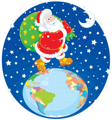 Santa Claus going on the globe with his bag of gifts