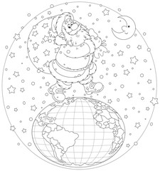 Santa Claus going on the globe with his bag of gifts