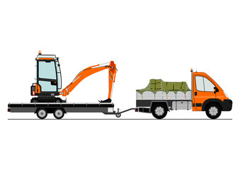Truck and trailer with an excavator. Side view. Flat vector.