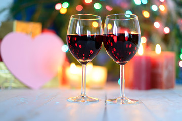 glasses of red wine with Christmas decoration