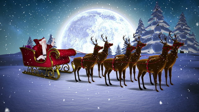Santa waving in his sleigh with reindeer