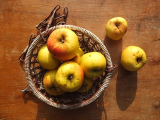 Yellow apples in wicer basket.