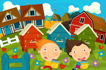 Happy and colorful farm scene with boy and girl - illustration for the children
